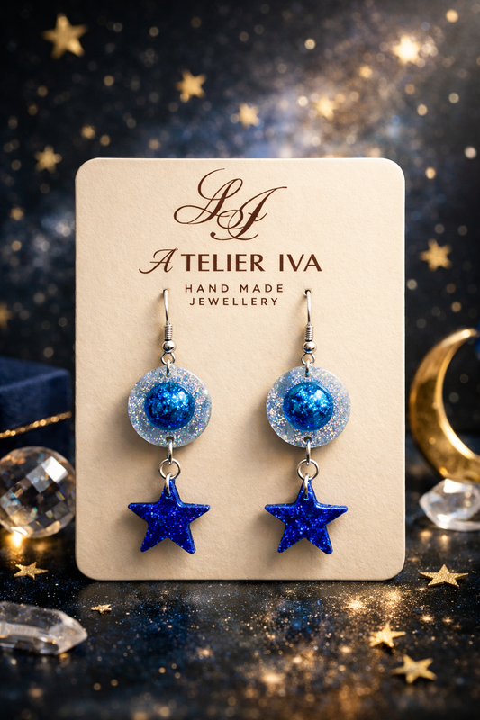 Blue Glitter Star & Circle Resin Earrings – Stainless Steel Hooks