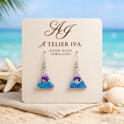 Teal & Purple Glitter Triangle Resin Earrings - J & I Vision