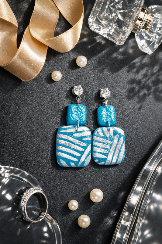 Teal & Silver Stripe Clay Dangle Earrings
