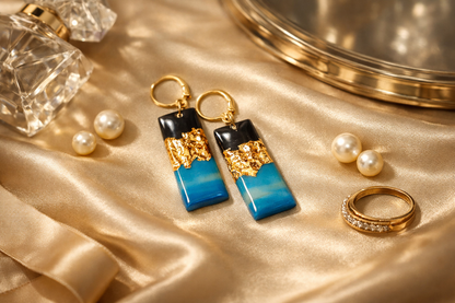 Black Teal & Gold Foil Clay Dangle Earrings - J & I Vision