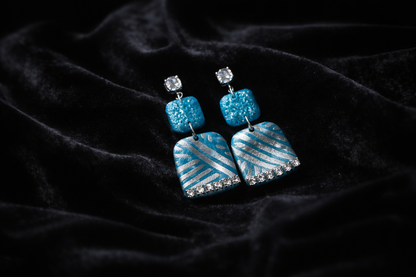 Teal & Silver Stripe Clay Dangle Earrings II - J & I Vision