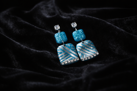 Teal & Silver Stripe Clay Dangle Earrings II