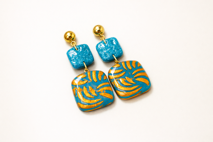 Teal & Gold Swirl Clay Dangle Earrings - J & I Vision