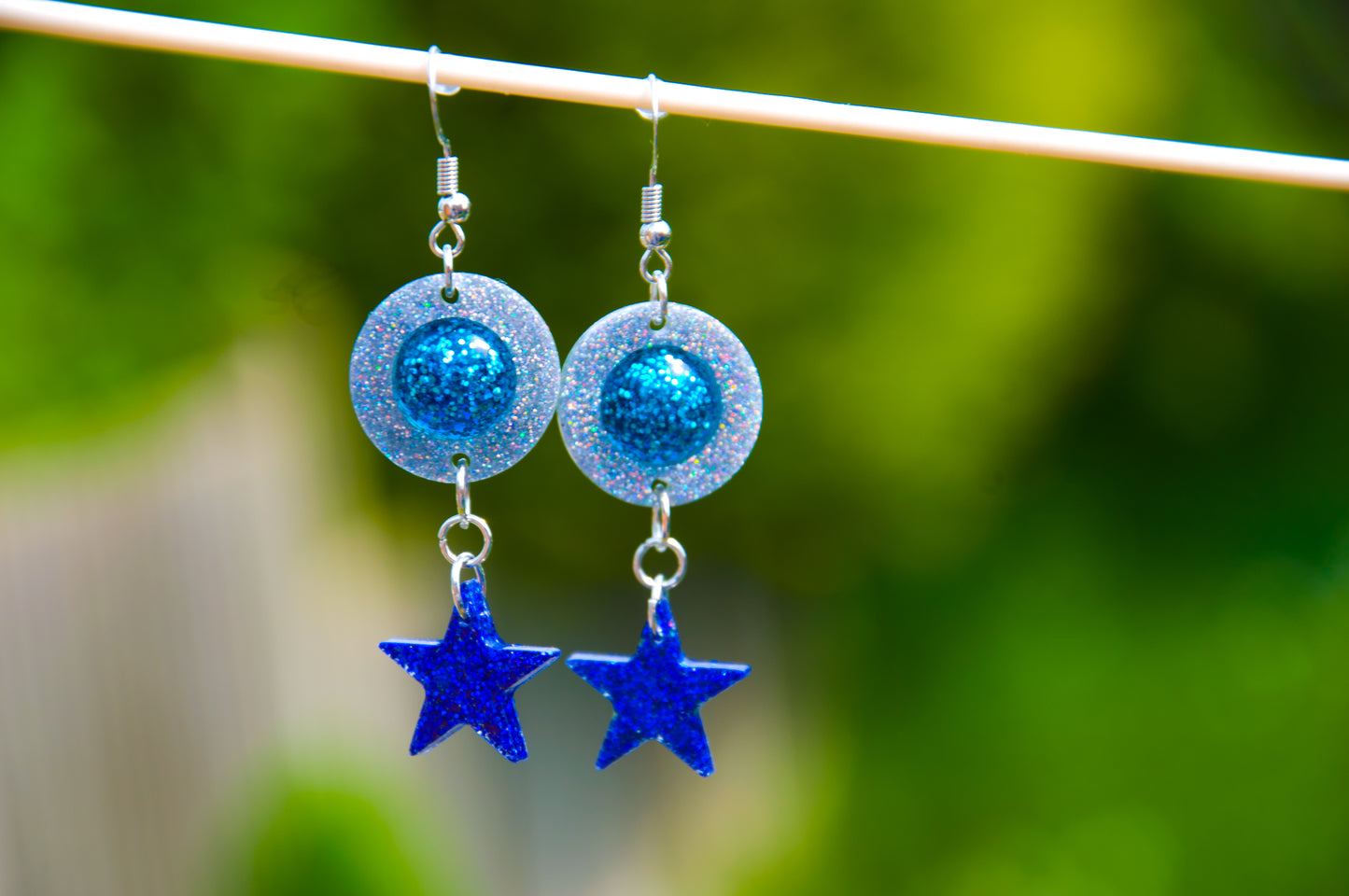 Blue Glitter Star & Circle Resin Earrings – Stainless Steel Hooks