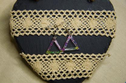 Pink and Yellow Iridescent Glow-in-the-Dark Triangle Earrings - J & I Vision