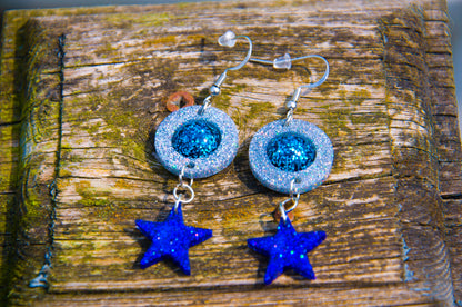 Blue Glitter Star & Circle Resin Earrings – Stainless Steel Hooks - J & I Vision