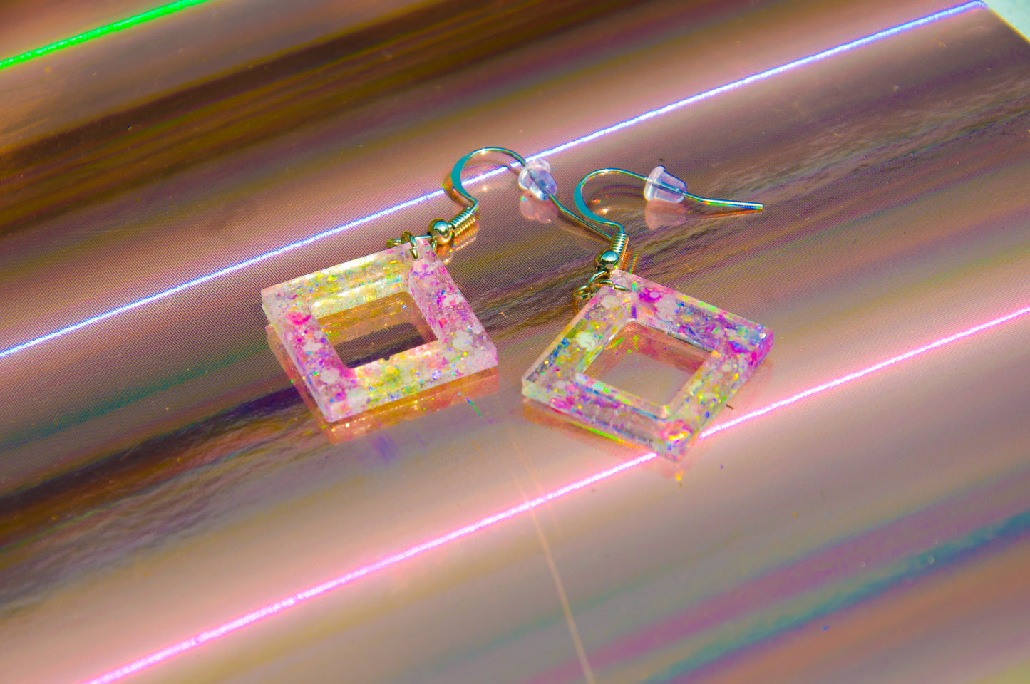 Pink & Yellow Holographic Glow-in-the-Dark Diamond Resin Earrings – Stainless Steel Hooks