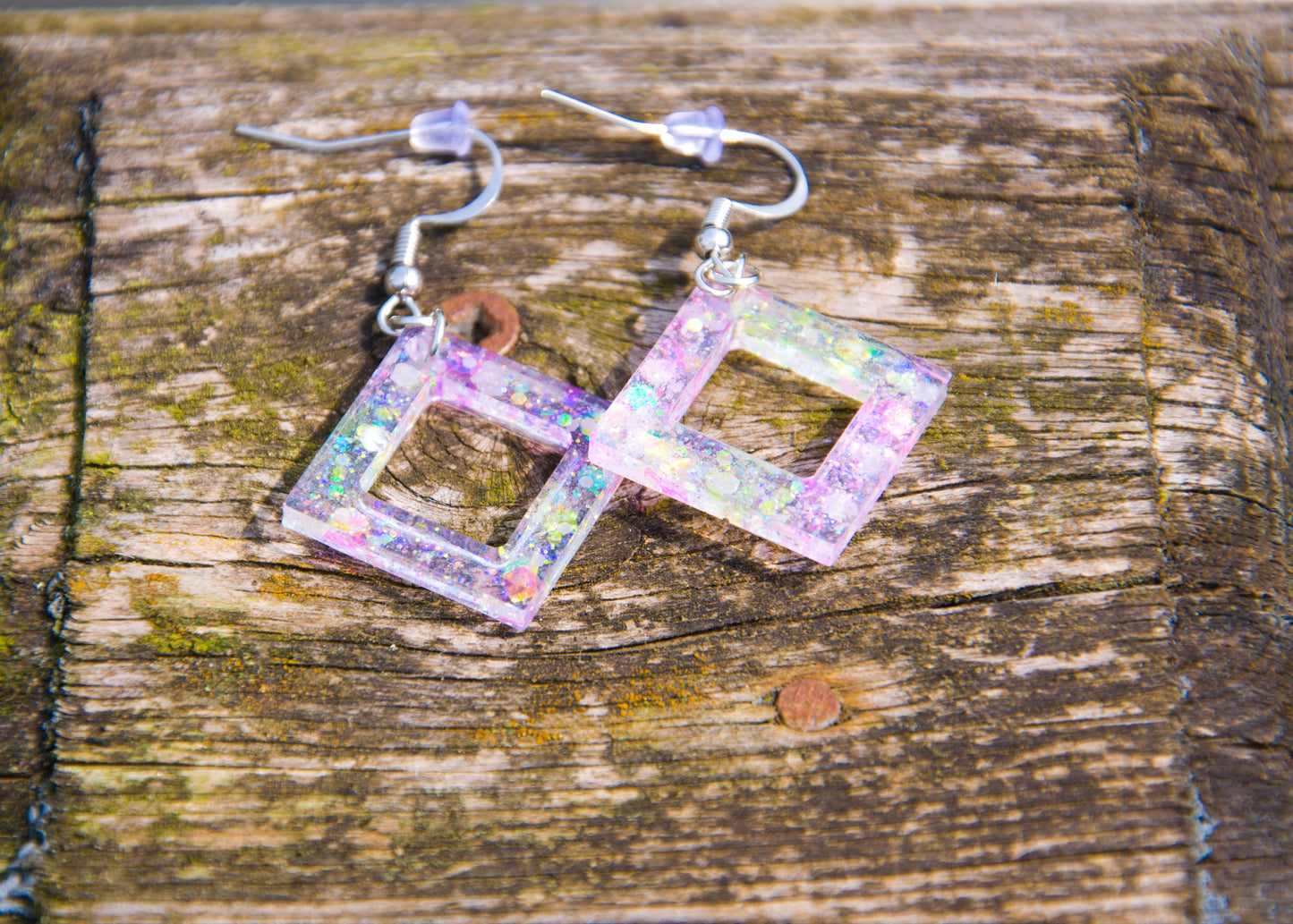 Pink & Yellow Holographic Glow-in-the-Dark Diamond Resin Earrings – Stainless Steel Hooks