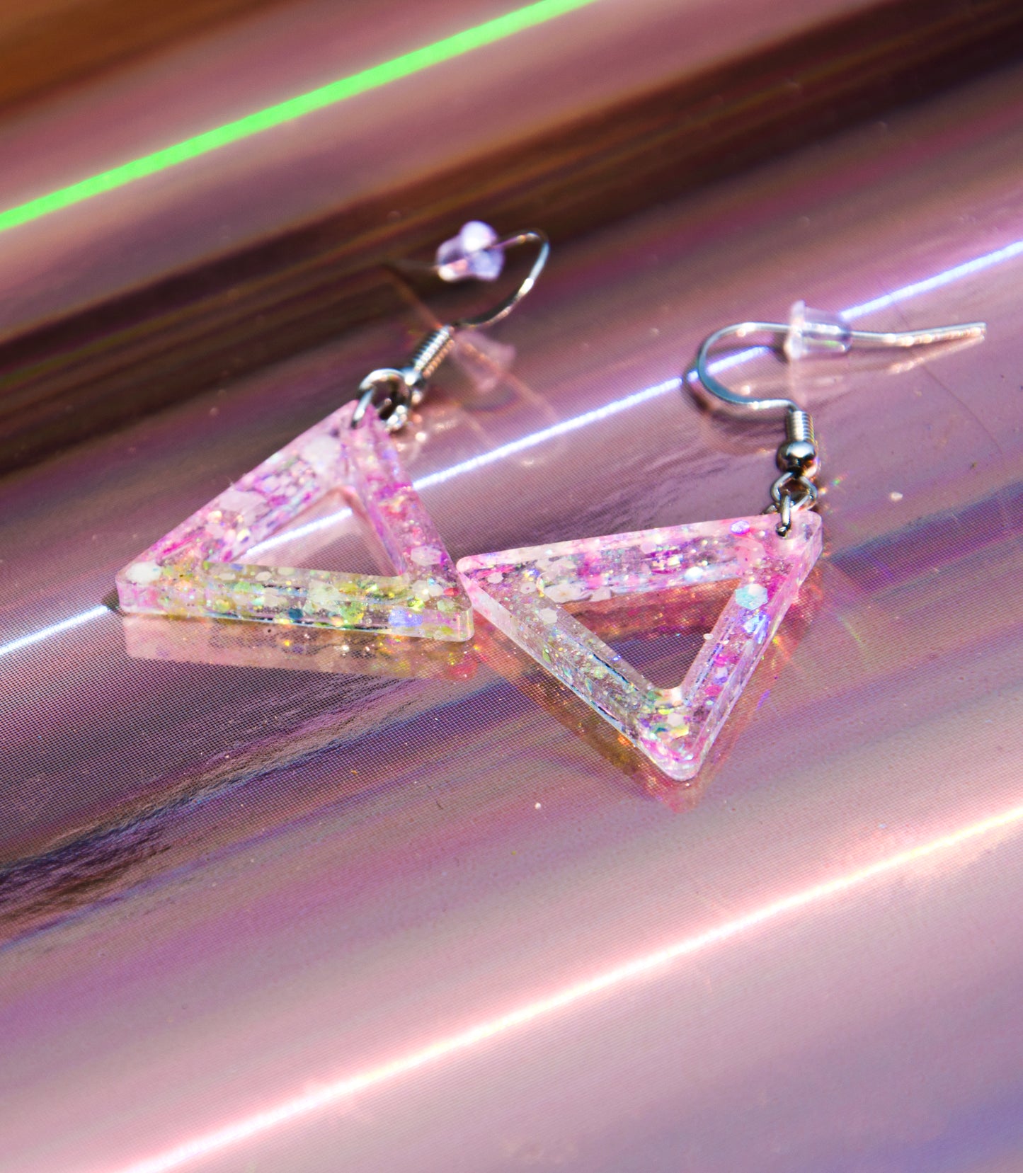 Pink and Yellow Iridescent Glow-in-the-Dark Triangle Resin Earrings – Stainless Steel Hooks