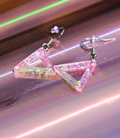 Pink and Yellow Iridescent Glow-in-the-Dark Triangle Earrings - J & I Vision