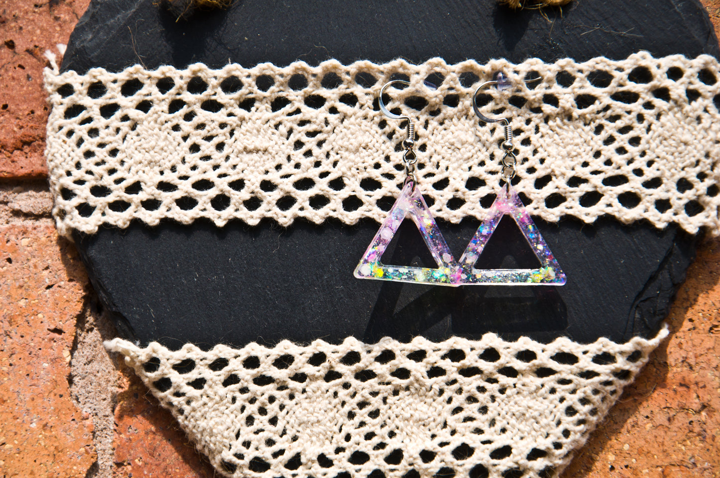 Pink and Yellow Iridescent Glow-in-the-Dark Triangle Resin Earrings – Stainless Steel Hooks
