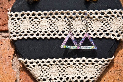 Pink and Yellow Iridescent Glow-in-the-Dark Triangle Earrings - J & I Vision