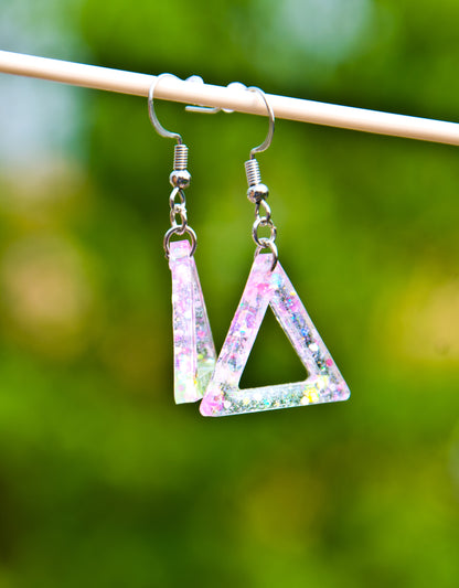 Pink and Yellow Iridescent Glow-in-the-Dark Triangle Earrings - J & I Vision