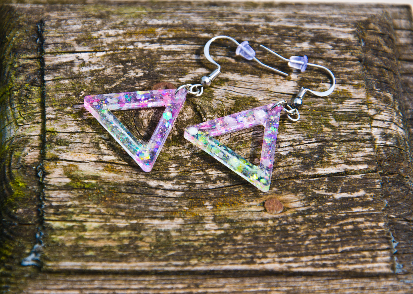 Pink and Yellow Iridescent Glow-in-the-Dark Triangle Resin Earrings – Stainless Steel Hooks