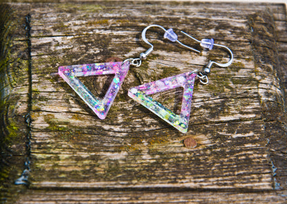 Pink and Yellow Iridescent Glow-in-the-Dark Triangle Earrings - J & I Vision