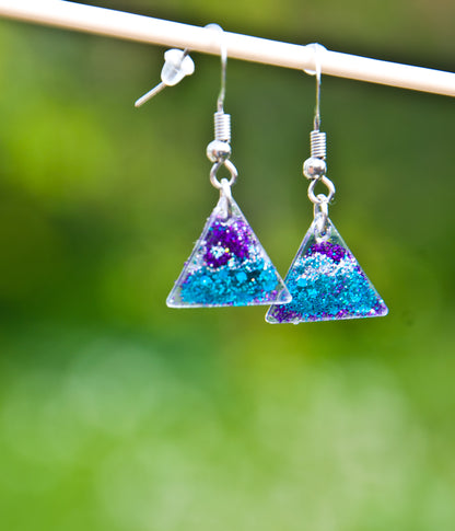 Teal & Purple Glitter Triangle Resin Earrings - J & I Vision