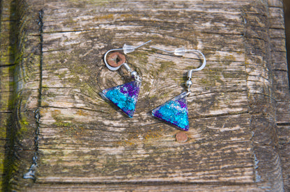Teal & Purple Glitter Triangle Resin Earrings - J & I Vision