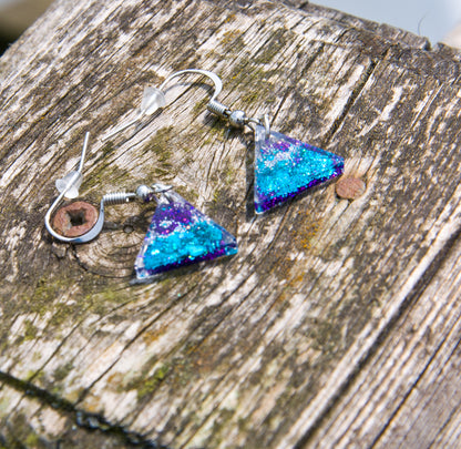 Teal & Purple Glitter Triangle Resin Earrings - J & I Vision