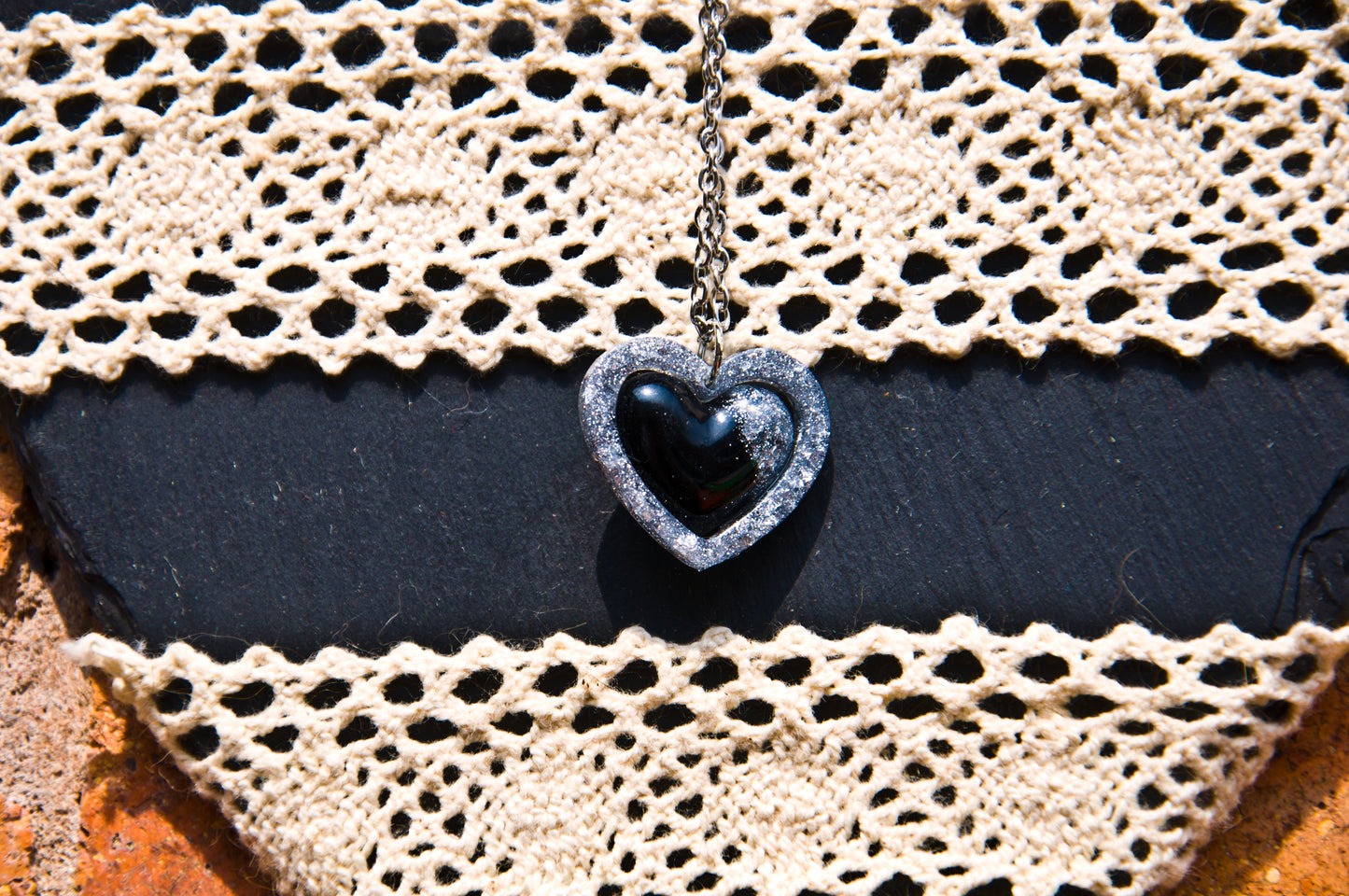 Black & Silver Glitter Heart Resin Necklace – Stainless Steel Chain