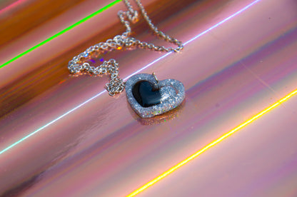Black & Silver Glitter Heart Resin Necklace – Stainless Steel Chain - J & I Vision