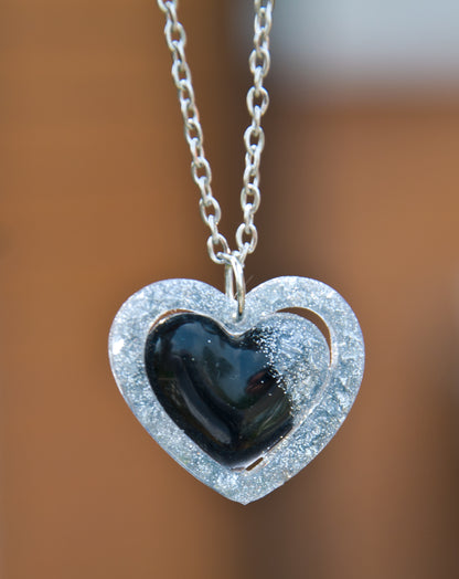 Black & Silver Glitter Heart Resin Necklace – Stainless Steel Chain - J & I Vision