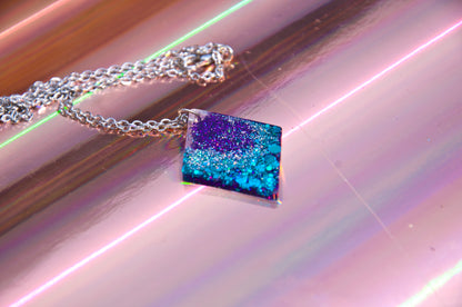 Purple & Teal Glitter Diamond Resin Necklace – Stainless Steel Chain - J & I Vision