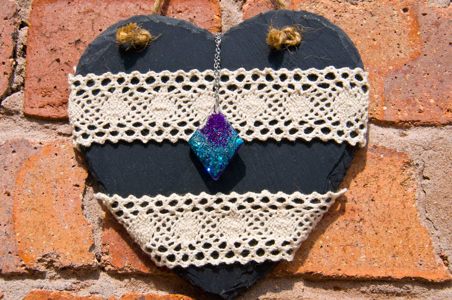 Purple & Teal Glitter Diamond Resin Necklace – Stainless Steel Chain
