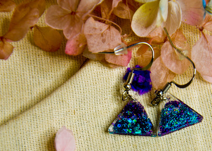 Teal & Purple Glitter Triangle Resin Earrings - J & I Vision