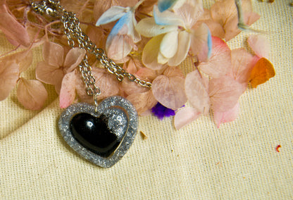Black & Silver Glitter Heart Resin Necklace – Stainless Steel Chain - J & I Vision