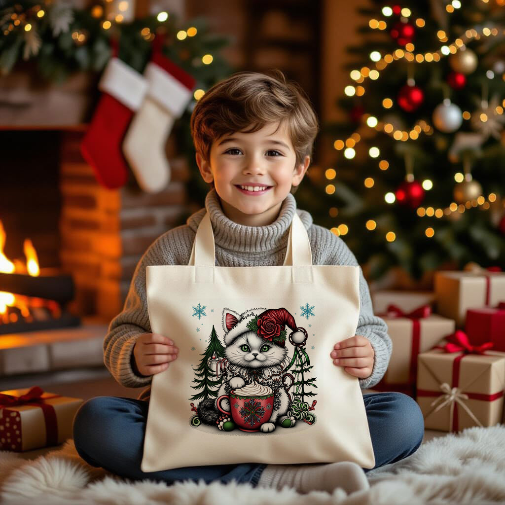 Fluffy Gothic Christmas Kitten Collection – T-Shirt Tile & Tote Bag - Tote bag / Kitty 3 - T-shirt