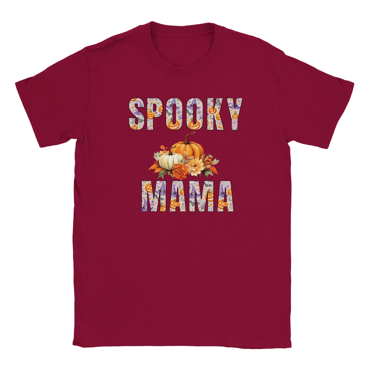 Spooky Mama Halloween T-shirt with pumpkins, bats and autumn floral lettering