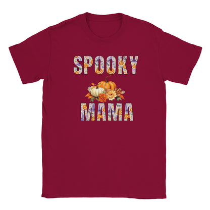 Spooky Mama Halloween T-shirt with pumpkins, bats and autumn floral lettering