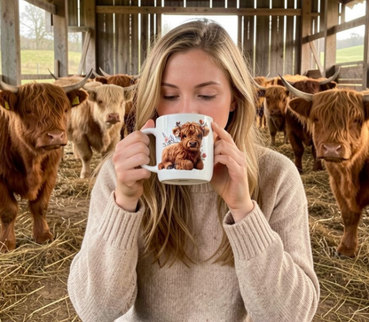 Highland Calf Knit Style Ceramic Mug – Cute Highland Cow Gift | 250ml Glossy White Coffee Cup UK - J & I Vision
