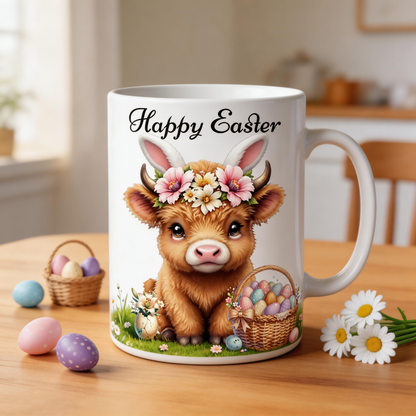 Easter Highland Cow Ceramic Mug – Cute Festive Easter Gift | 250ml Drinkware UK - J & I Vision