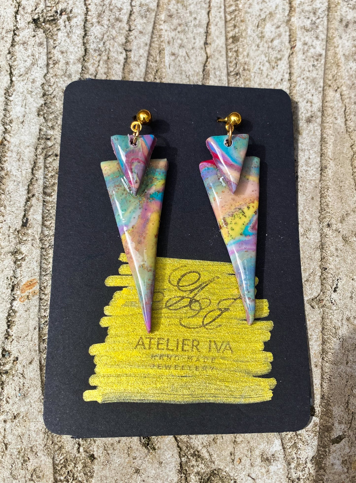 Pastel Rainbow Marble Triangle Spike Stud Earrings