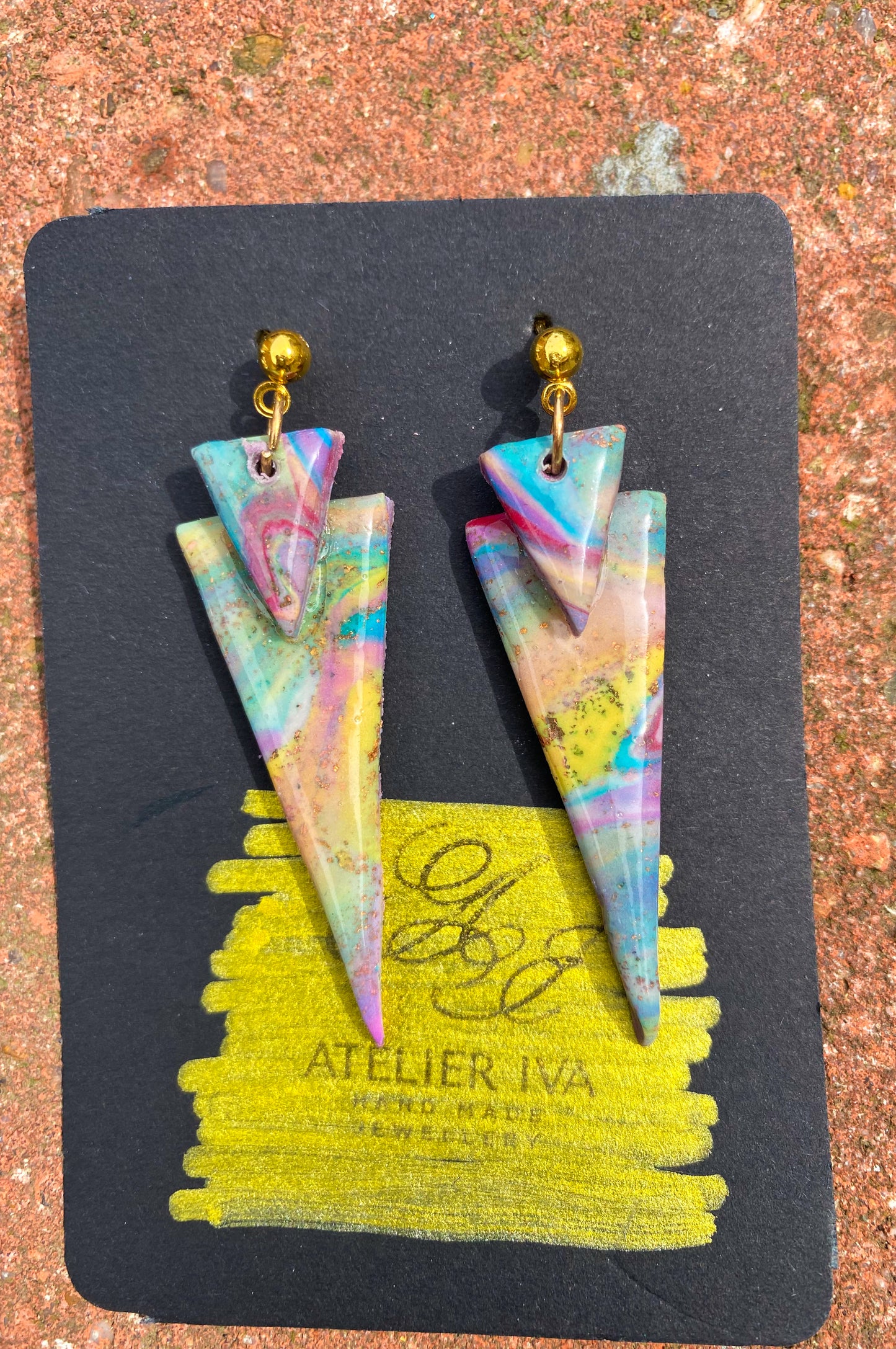 Pastel Rainbow Marble Triangle Spike Stud Earrings