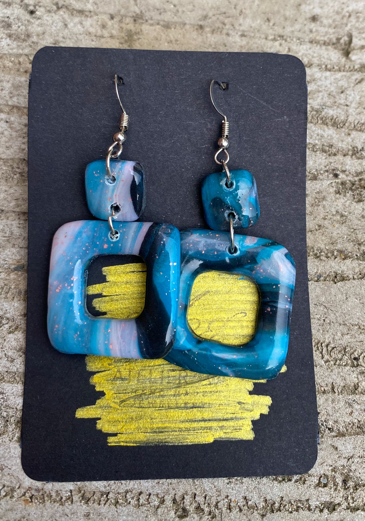 Marble Swirl Square Drop Stud Earrings – Handmade Polymer Clay