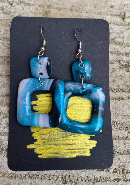 Marble Swirl Square Drop Stud Earrings – Handmade Polymer Clay - J & I Vision