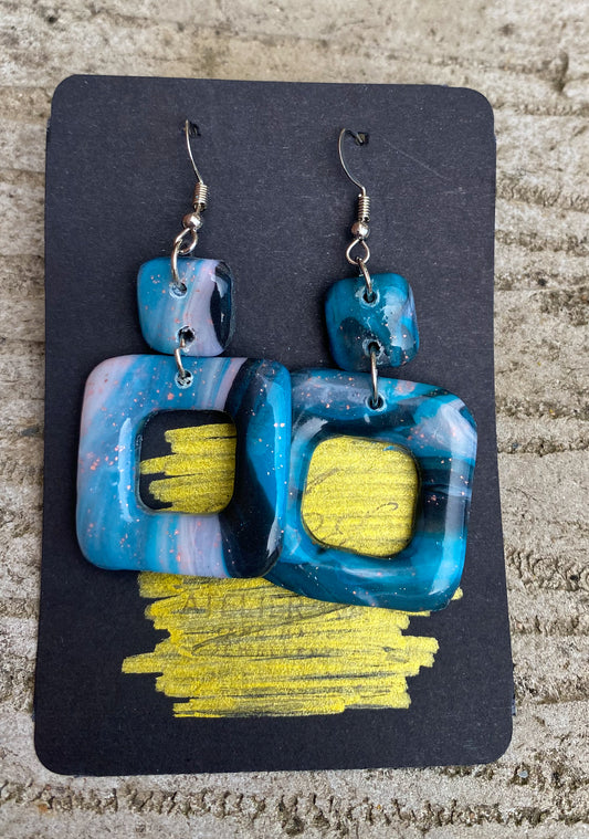 Marble Swirl Square Drop Stud Earrings – Handmade Polymer Clay