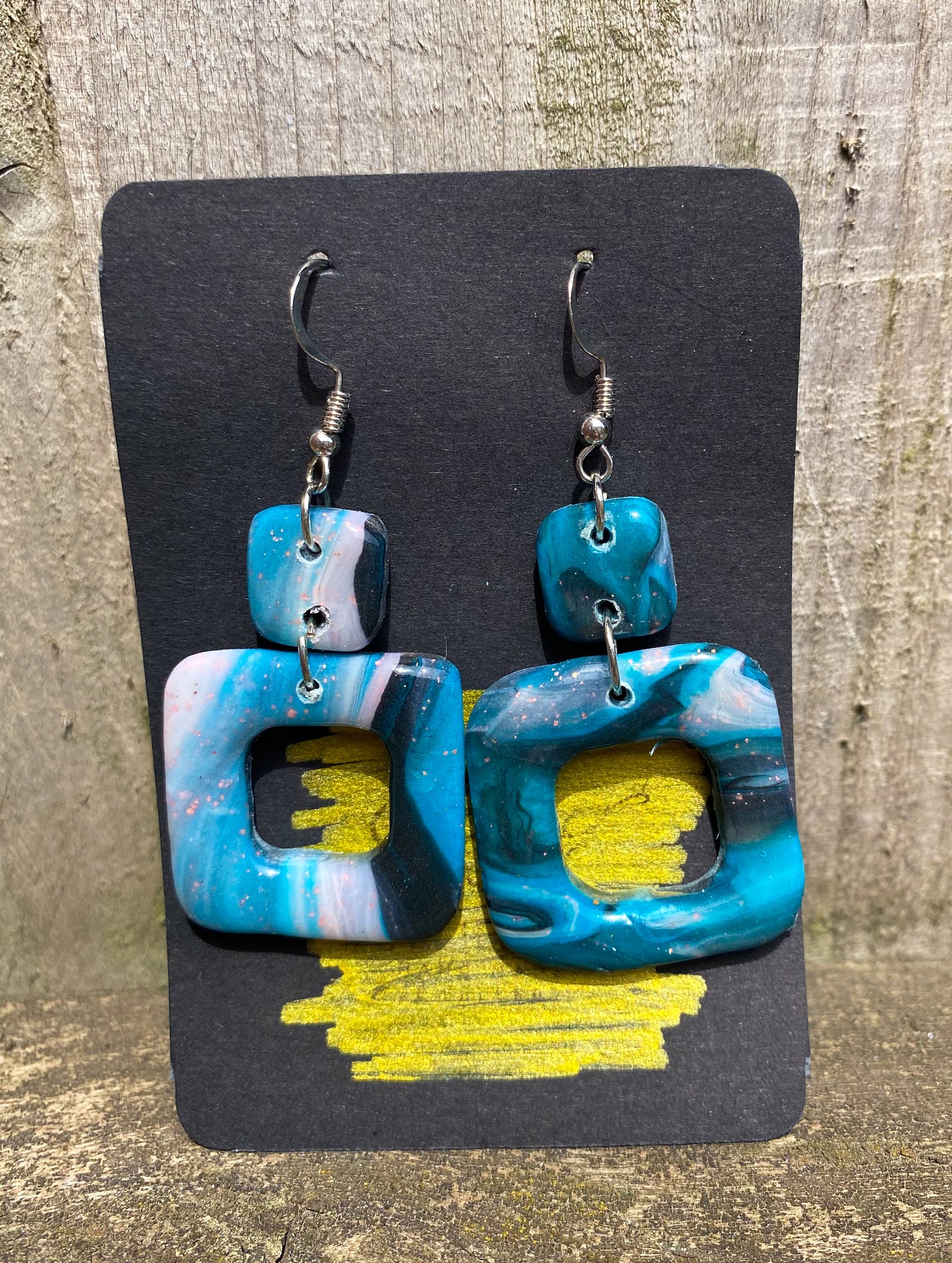 Marble Swirl Square Drop Stud Earrings – Handmade Polymer Clay