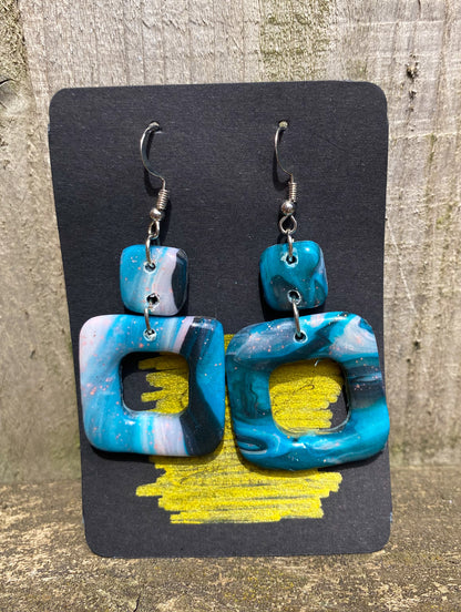 Marble Swirl Square Drop Stud Earrings – Handmade Polymer Clay - J & I Vision