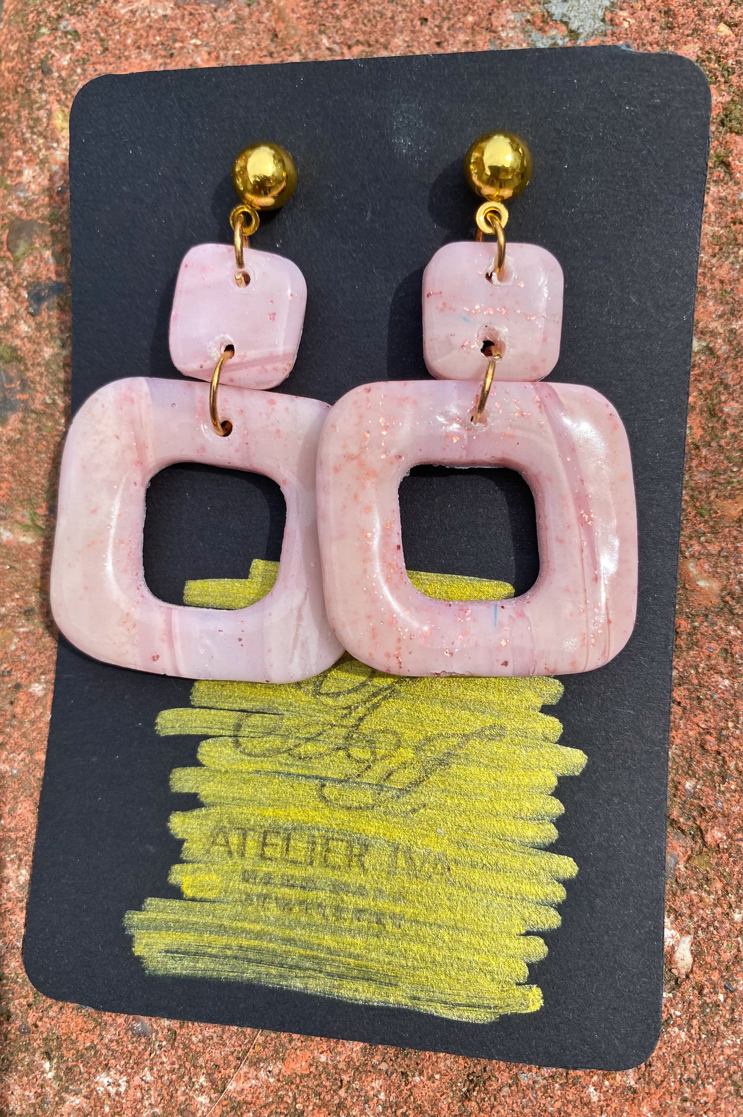 Blush Pink Marble Square Drop Stud Earrings
