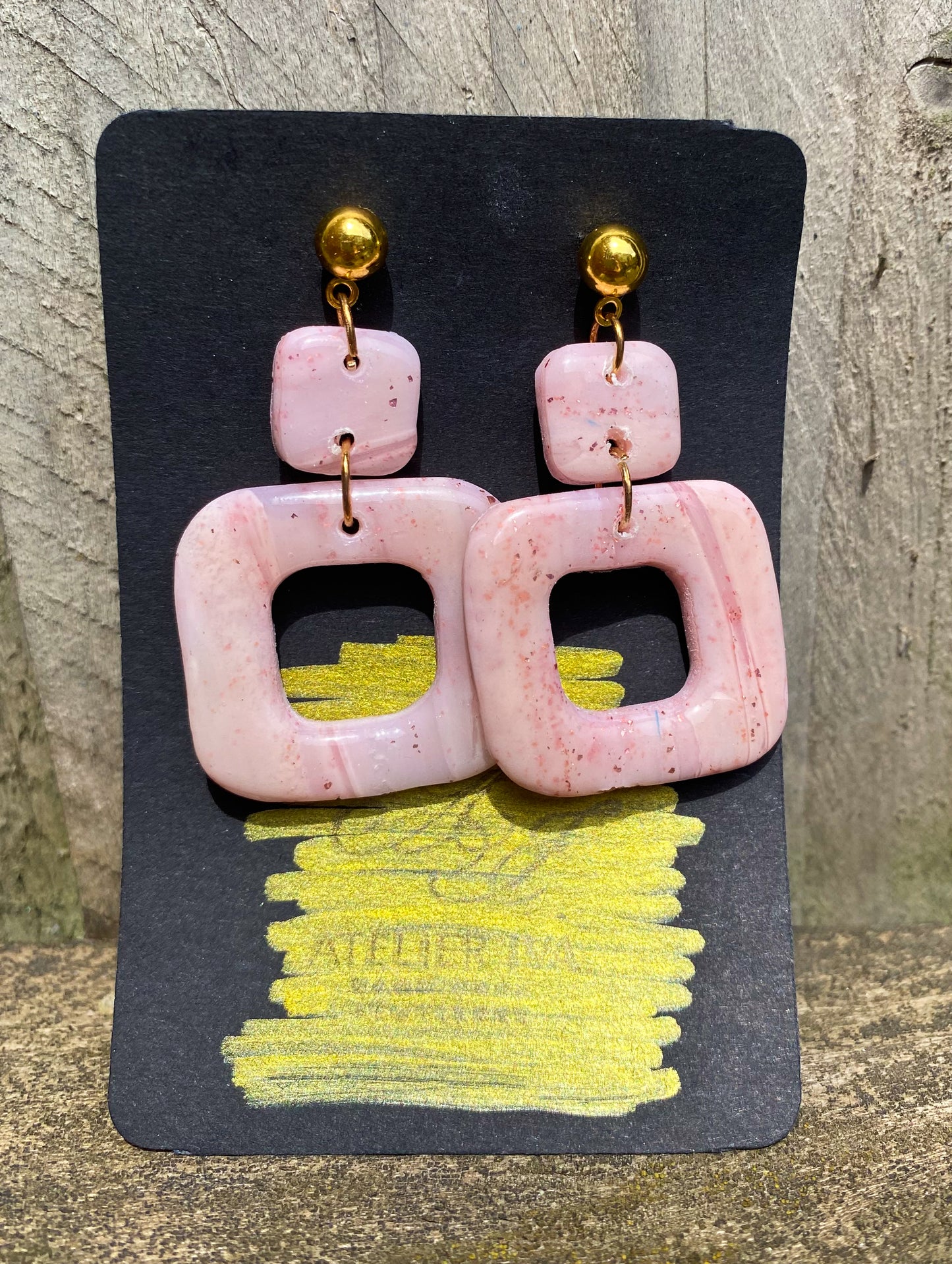 Blush Pink Marble Square Drop Stud Earrings
