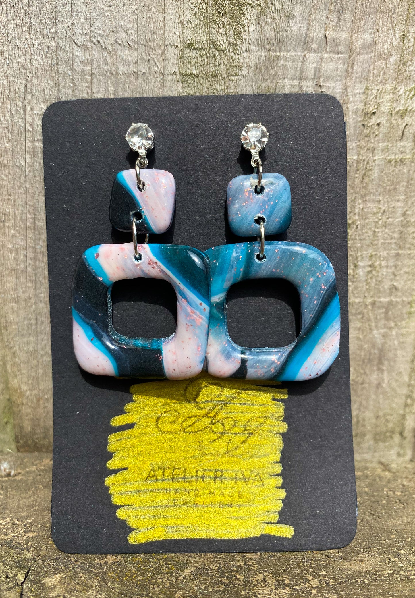 Marble Swirl Square Drop Sparkle Stud Earrings – Handmade Polymer Clay