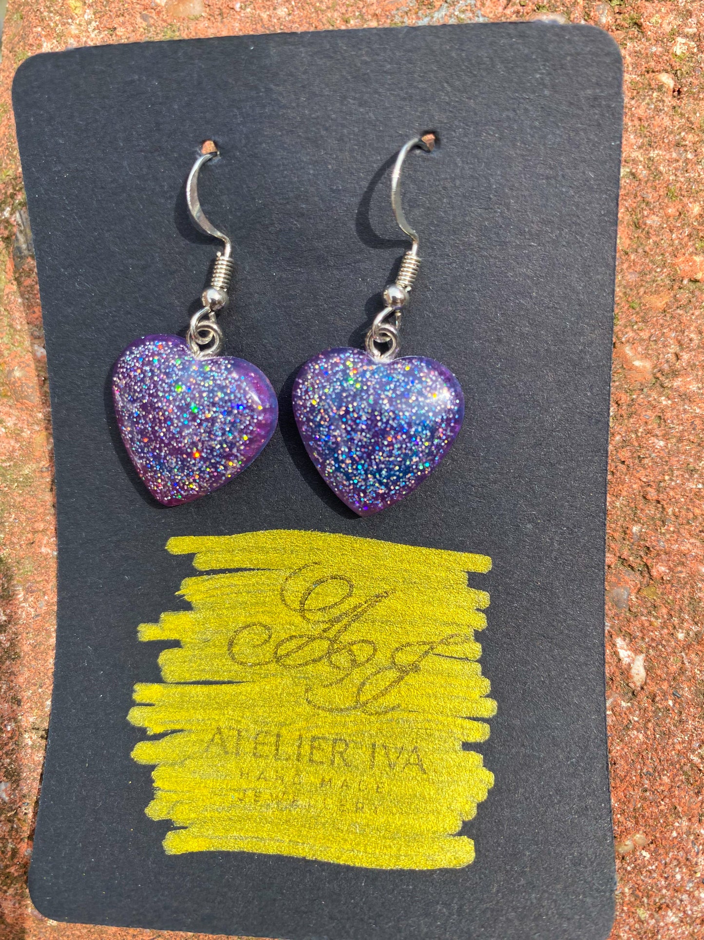 Purple Holographic Glitter Heart Drop Earrings – Handmade Resin