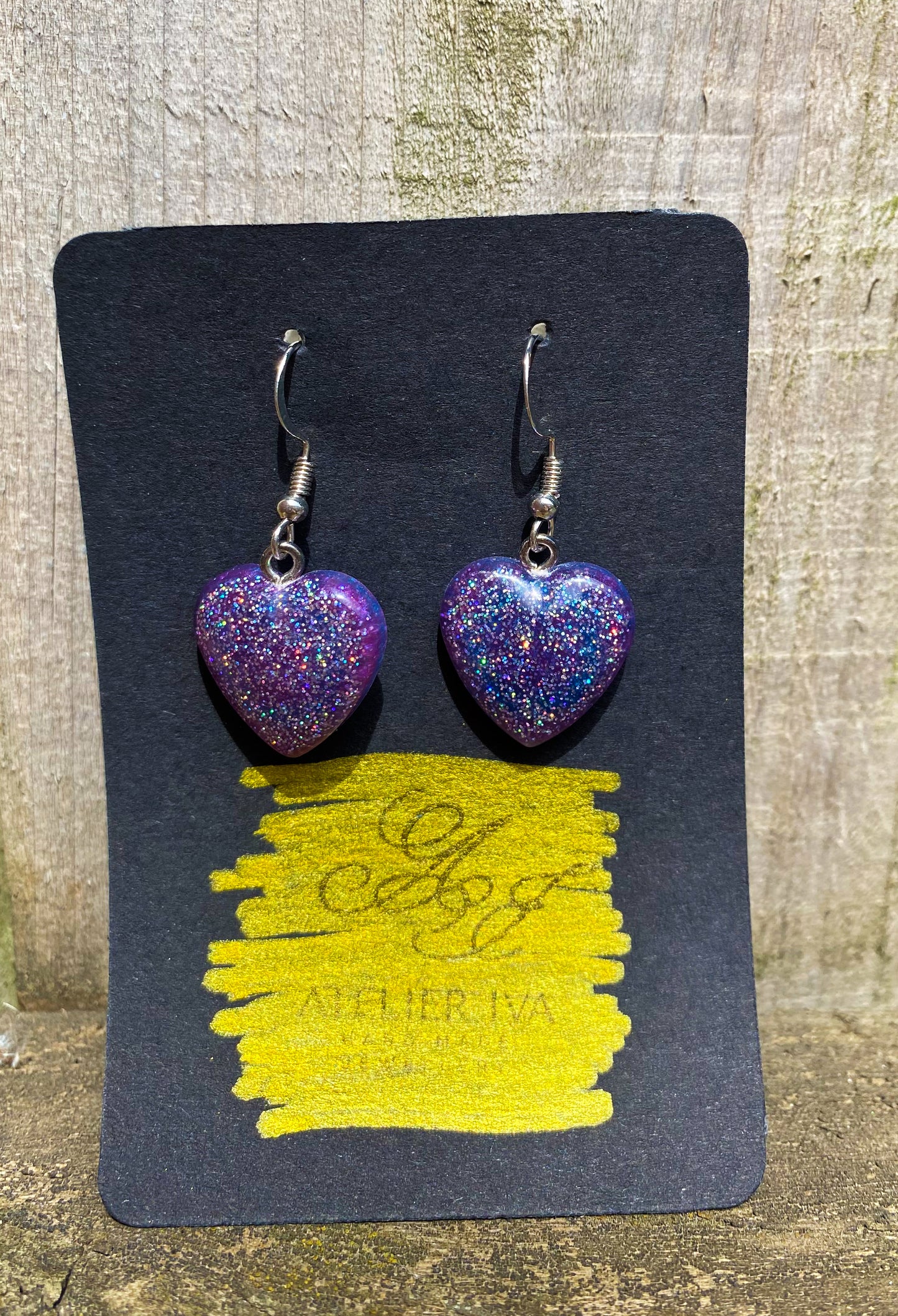 Purple Holographic Glitter Heart Drop Earrings – Handmade Resin
