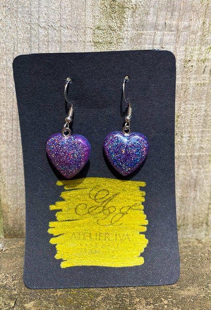 Purple Holographic Glitter Heart Drop Earrings – Handmade Resin - J & I Vision