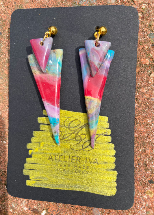 Rainbow Marble Double Triangle Spike Stud Earrings – Handmade Polymer Clay