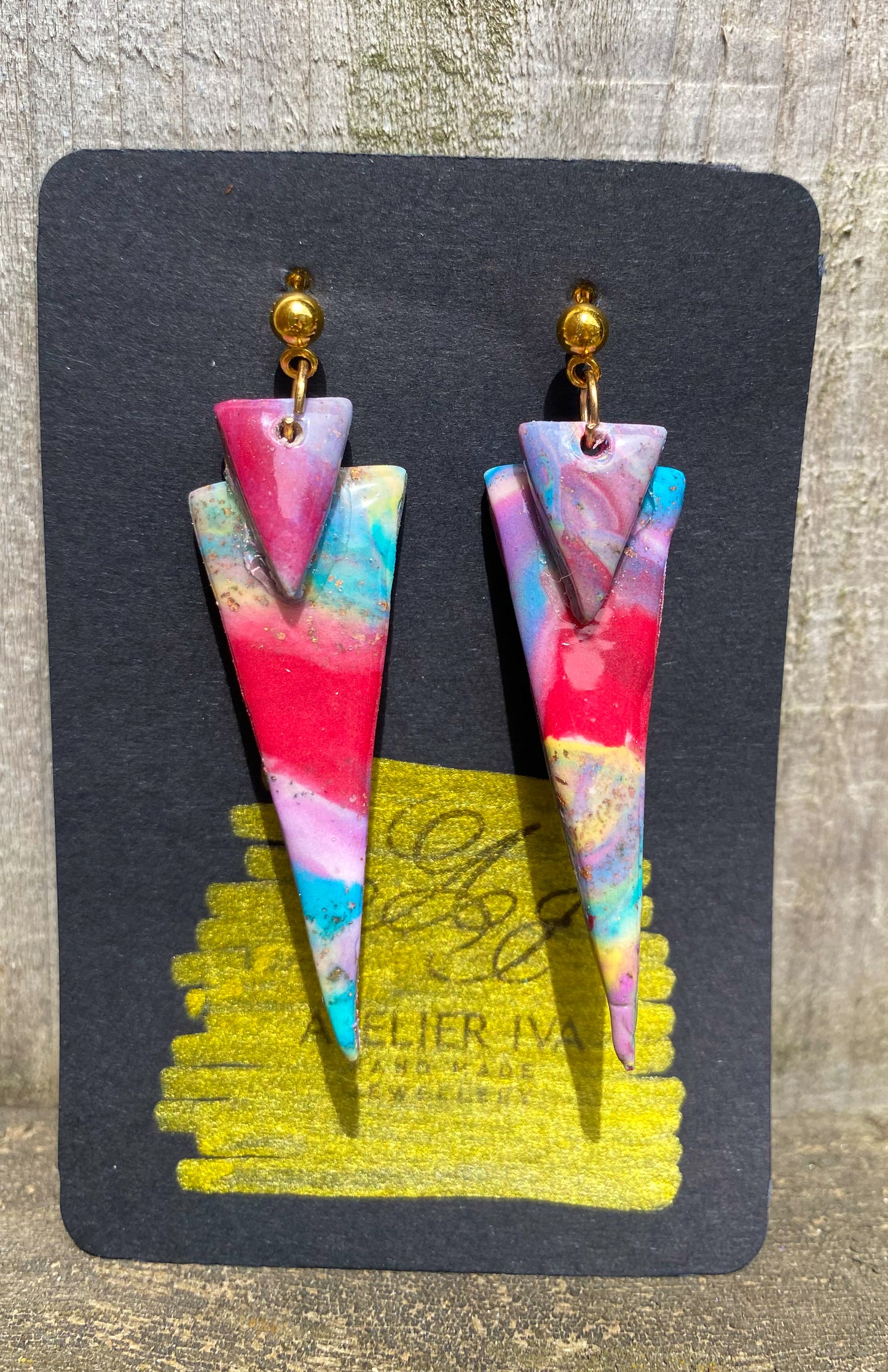Rainbow Marble Double Triangle Spike Stud Earrings – Handmade Polymer Clay
