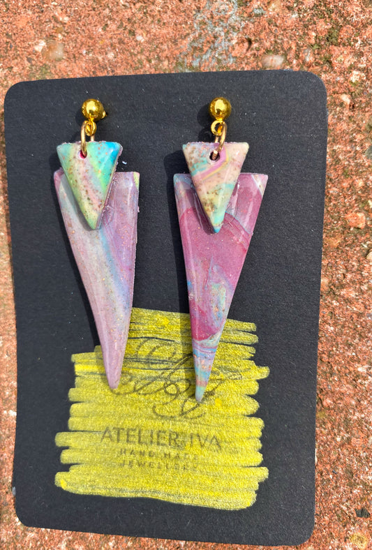 Lilac & Pink Marble Double Triangle Spike Stud Earrings
